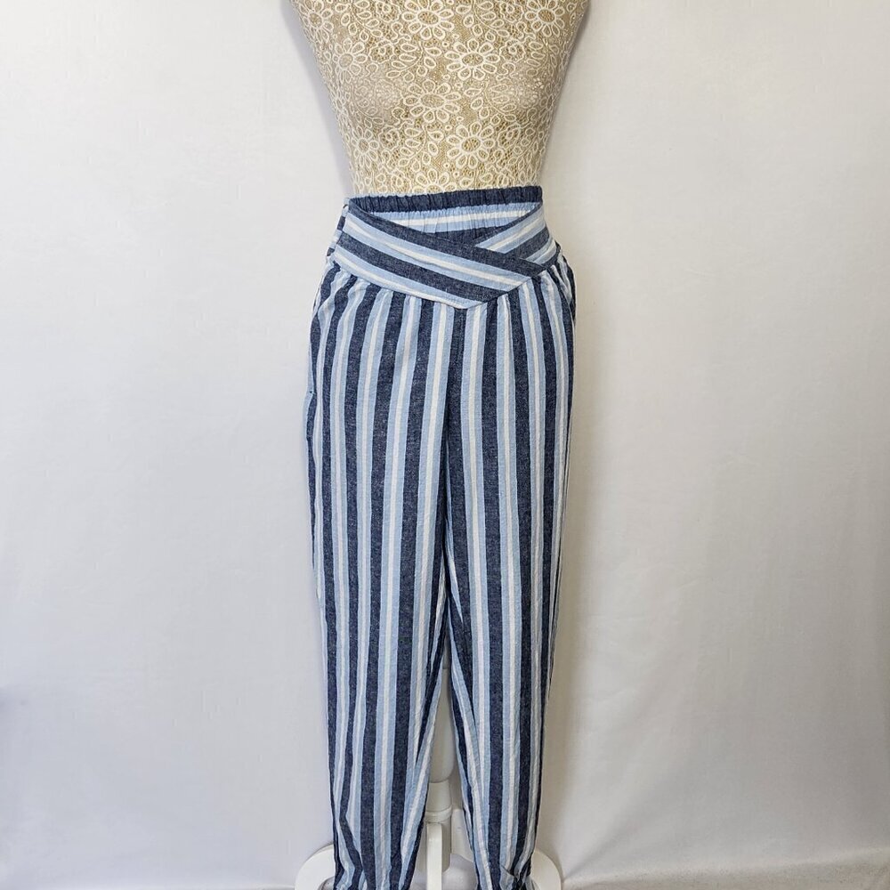 Indigo Rein Women’s SZ M Blue Stripe Linen Blend Pull On V-Waist Joggers Beach - Picture 2 of 16